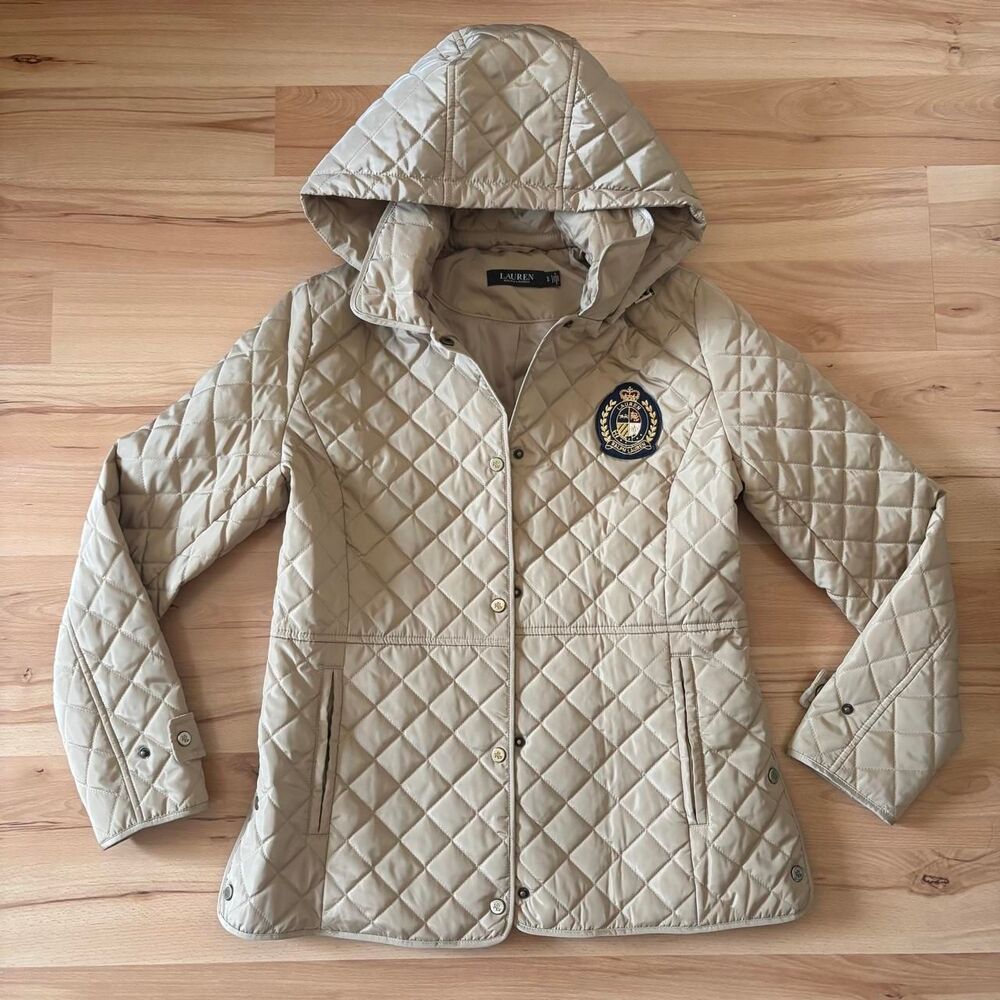 Lauren Ralph Lauren Quilted Hooded Jacket Women’s S Beige Crest Patch Coat